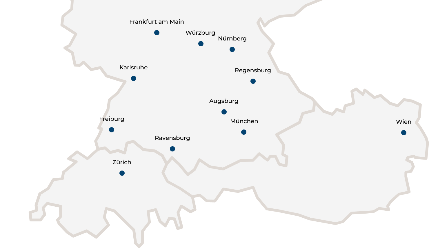 Karte von Süddeutschland mit Städten wie Stuttgart, Ulm, München und Zürich, hervorgehoben für CAELISTIC Standorte.